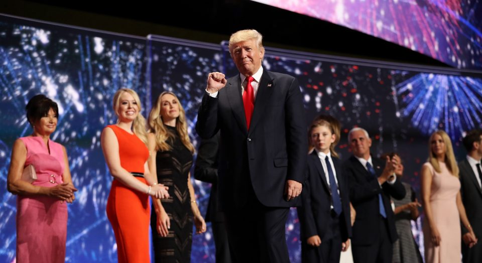  Trumped... The Donald celebrates as he acknowledges the crowd at the end of the Republican National Convention