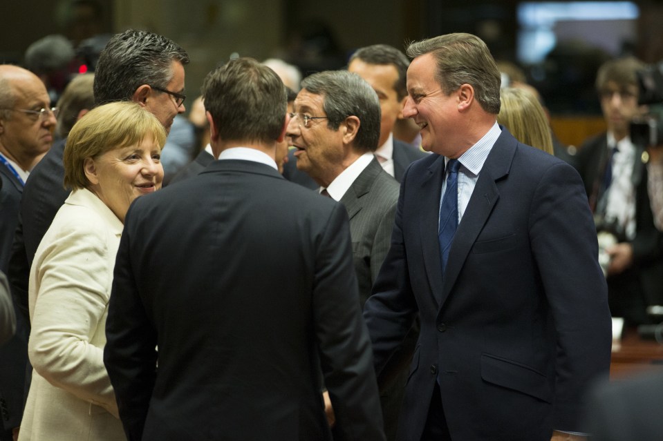  Former Prime Minister David Cameron with German Chancellor Angela Merkel and other leaders during the EU negotiations in February