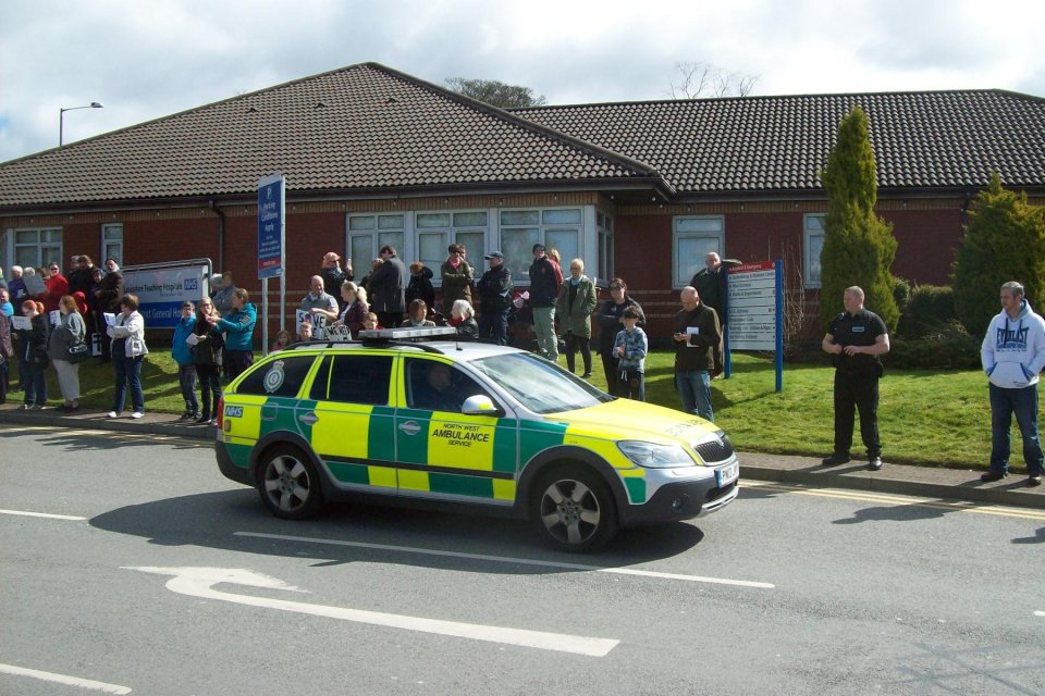 Fire engine and ambulance van outside Chorley A&E department in Chorley, Lancs., where Joan Carpenter fell