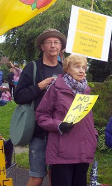 Joan and her son David were protesting on July 14 before Joan fell and broke her hip