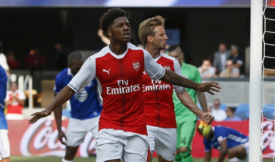  Chuba Akpom celebrates his 87th-minute winner as Arsenal down All Stars