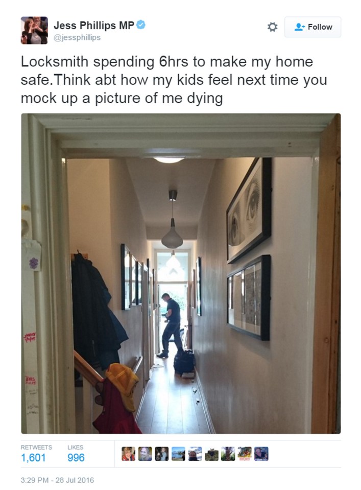  Jess Phillips tweeted this picture of a locksmith making her home more secure as she vowed to "keep going" as an MP