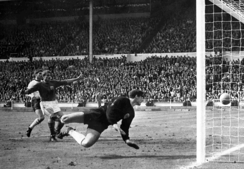 Geoff Hurst scores his controversial goal in the World Cup final win of 1966