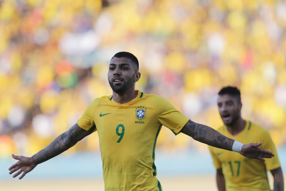 Brazil's Gabriel Barbosa celebrates scoring his side's first goal during the friendly soccer match against Japan, in preparation for 2016 Summer Olympic Games, in Goiania, Brazil, Saturday, July, 30, 2016. (AP Photo/Eraldo Peres)