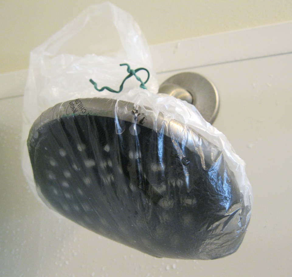  Tie the plastic bag over the shower head and leave