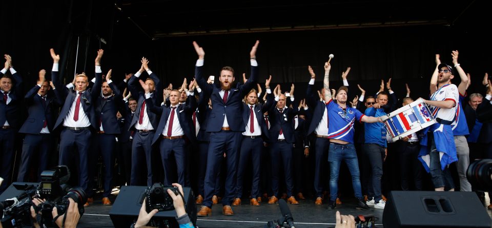  The Icelandic national soccer team perform the famous 'Viking chant' for fans