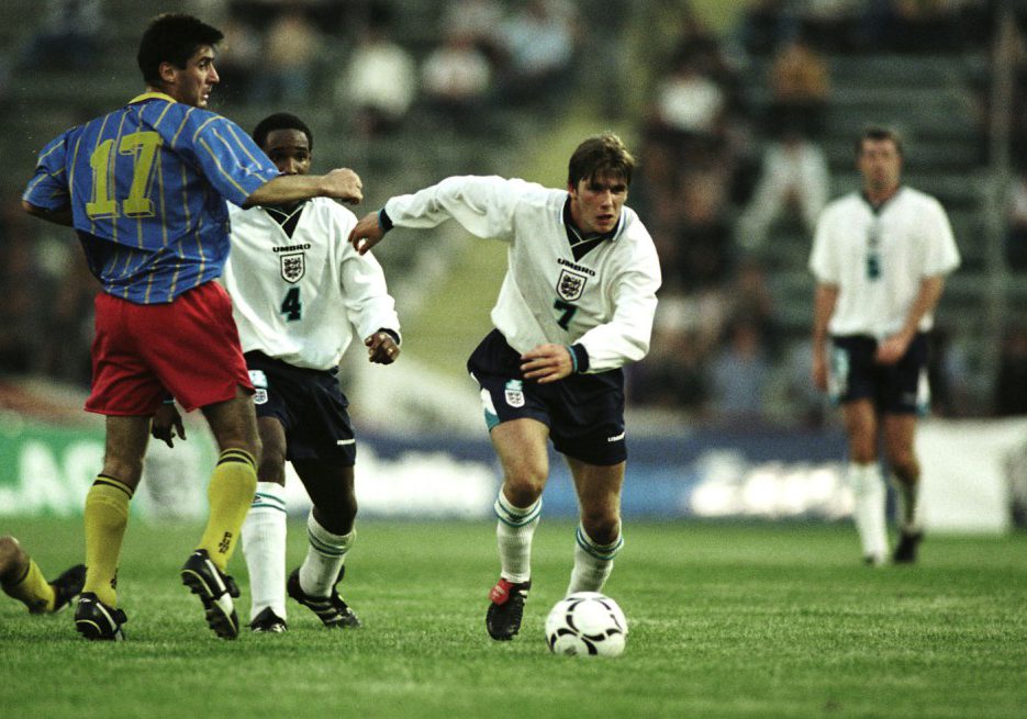 Football - International - Moldova v England - 1/9/96 David Beckham takes the ball past Moldova's Oleg Sischin on his England Debut Mandatory Credit:Action Images / Darren Walsh FILM