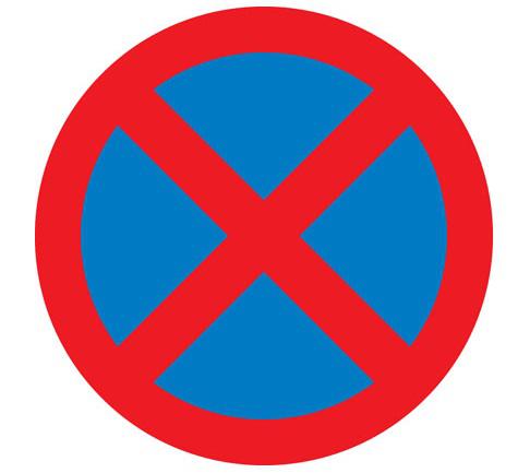 A red cross on blue background indicates the area is a clearway, and no stopping is permitted at any time