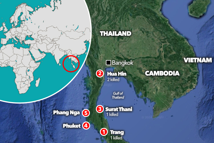  At least ten blasts have rocked five different resorts throughout Thailand leaving four dead and dozens injured