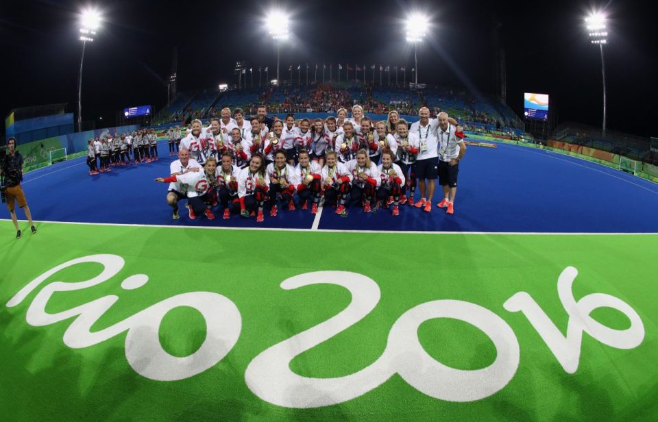 RIO DE JANEIRO, BRAZIL - AUGUST 19: Great Britain celebrate after winning the Gold medal match on penalties against the Netherlands during the Women's hockey Gold medal match between The Netherlands and Great Britain on Day 14 of the Rio 2016 Olympic Games held at the Olympic Hockey Centre on August 19, 2016 in Rio de Janeiro, Brazil. (Photo by David Rogers/Getty Images)