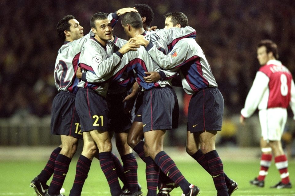 19 Oct 1999: Barcelona celebrate Rivaldo's opening goal during the Champions League Group B match against Arsenal played at Wembley Stadium, London. The game finished in a 4-2 win for Barcelona. Mandatory Credit: Shaun Botterill /Allsport