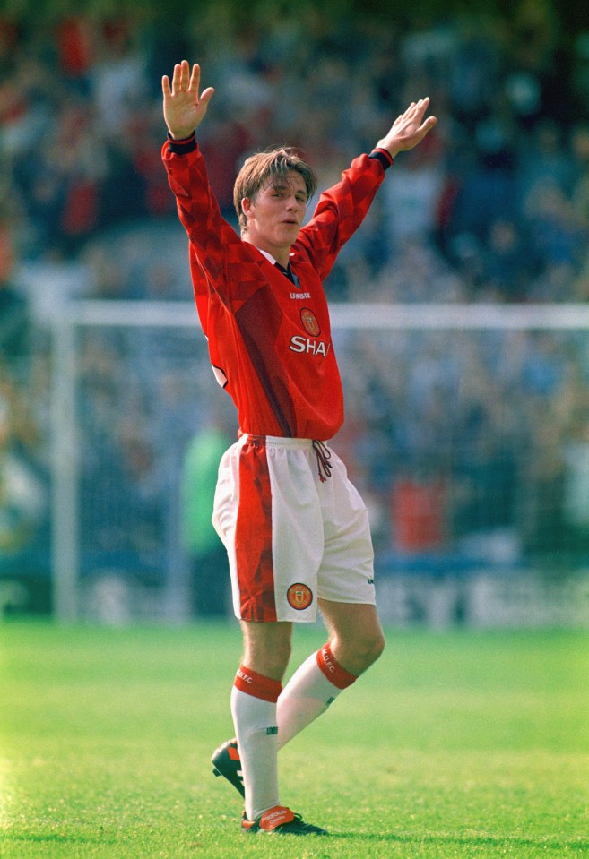 LONDON, UNITED KINGDOM - AUGUST 17: Manchester United player David Beckham celebrates after scoring the third goal with a spectacular effort from the halfway line, during the Premier League match between Wimbledon and Manchester United at Selhurst Park on August 17, 1996 in London, England. (Photo by Michael Cooper/Getty Images)