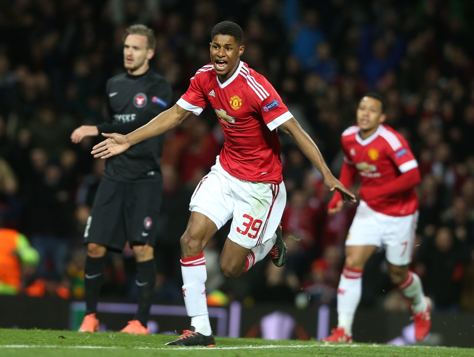 Marcus Rashford scored two goals on his Utd debut against FC Midtjylland