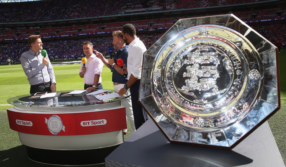 LONDON, ENGLAND - AUGUST 07: Michael Owen, Robbie Savage and Rio Ferdinand are interviewed by Jake Humphrey of BT Sport ahead of the FA Community Shield match between Leicester City and Manchester United at Wembley Stadium on August 7, 2016 in London, England. (Photo by John Peters/Man Utd via Getty Images)