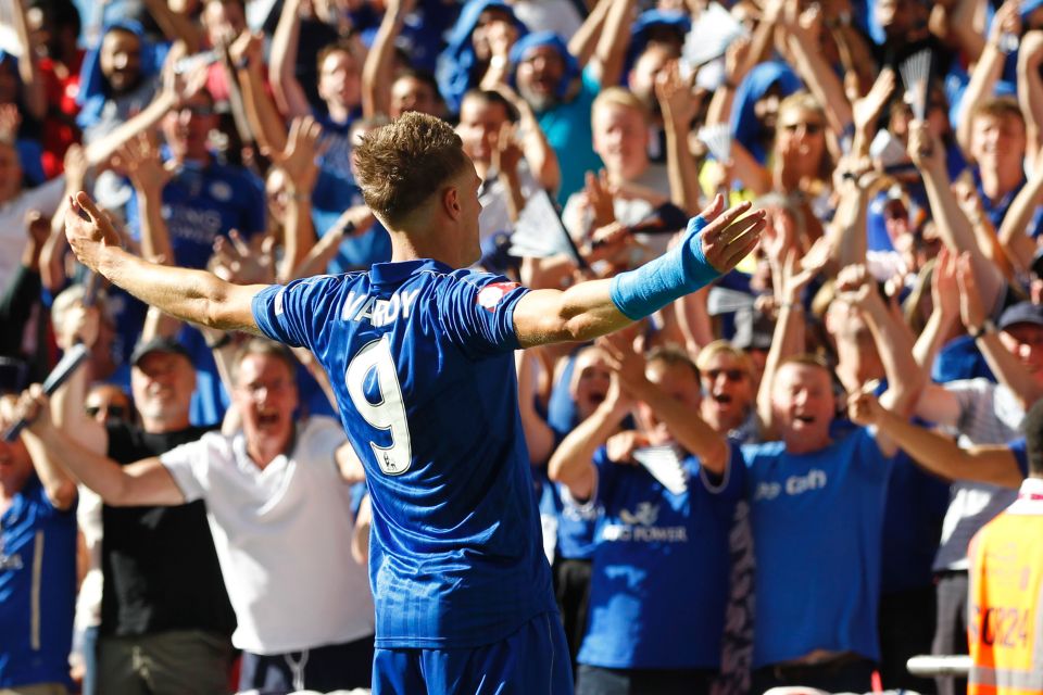 Leicester City's English striker Jamie Vardy celebrates scoring an equalising goal for 1-1 during the FA Community Shield football match between Manchester United and Leicester City at Wembley Stadium in London on August 7, 2016. / AFP / Ian Kington / NOT FOR MARKETING OR ADVERTISING USE / RESTRICTED TO EDITORIAL USE (Photo credit should read IAN KINGTON/AFP/Getty Images)