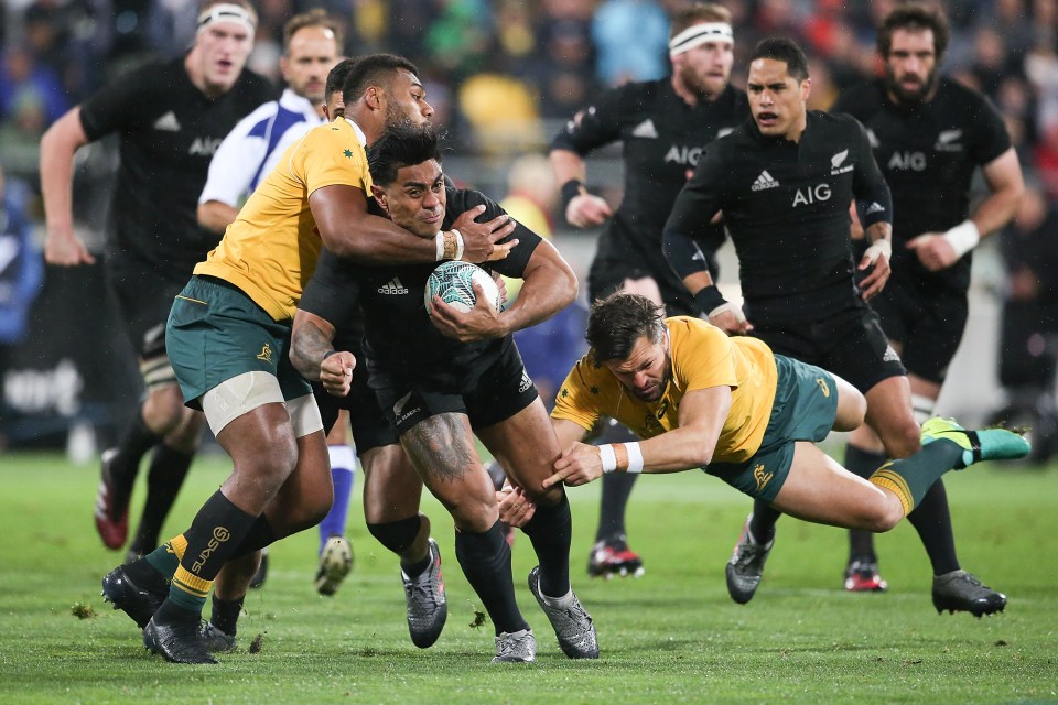 WELLINGTON, NEW ZEALAND - AUGUST 27: Malakai Fekitoa of the All Blacks is tacklded during the Bledisloe Cup Rugby Championship match between the New Zealand All Blacks and the Australia Wallabies at Westpac Stadium on August 27, 2016 in Wellington, New Zealand. (Photo by Martin Hunter/Getty Images)