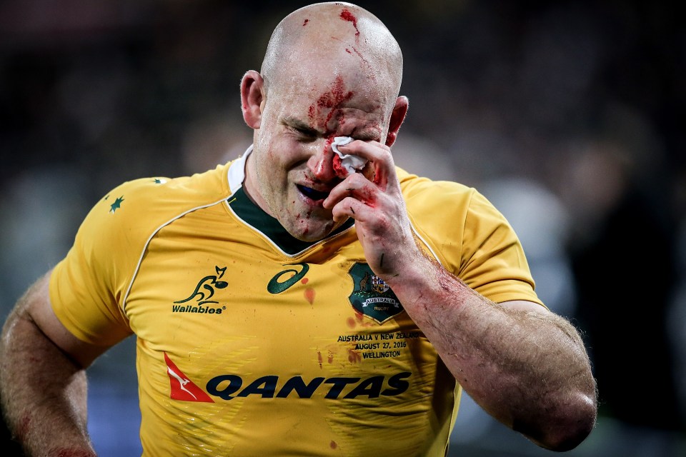 WELLINGTON, NEW ZEALAND - AUGUST 27: Stephen Moore of the Wallabies leaves the field with blood on his face during the Bledisloe Cup Rugby Championship match between the New Zealand All Blacks and the Australia Wallabies at Westpac Stadium on August 27, 2016 in Wellington, New Zealand. (Photo by Martin Hunter/Getty Images)