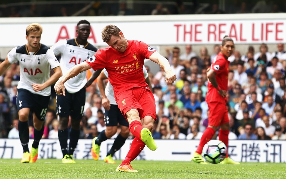 LONDON, ENGLAND - AUGUST 27: James Milner of Liverpool scores his sides first goal during the Premier League match between Tottenham Hotspur and Liverpool at White Hart Lane on August 27, 2016 in London, England. (Photo by Julian Finney/Getty Images)