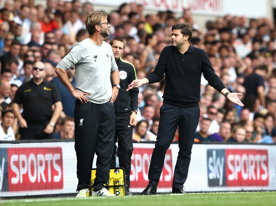 LONDON, ENGLAND - AUGUST 27: Mauricio Pochettino, Manager of Tottenham Hotspur (R) reacts during the Premier League match between Tottenham Hotspur and Liverpool at White Hart Lane on August 27, 2016 in London, England. (Photo by Jan Kruger/Getty Images)