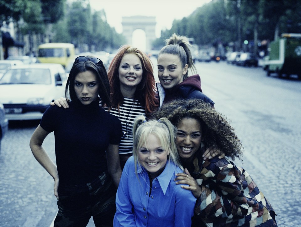 English pop girl group The Spice Girls in Paris, September 1996. Clockwise, from front: Emma Bunton ('Baby Spice'), Victoria Beckham ('Posh Spice'), Geri Halliwell ('Ginger Spice', Melanie Chisholm ('Sporty Spice') and Melanie Brown ('Scary Spice'). (Photo by Tim Roney/Getty Images)