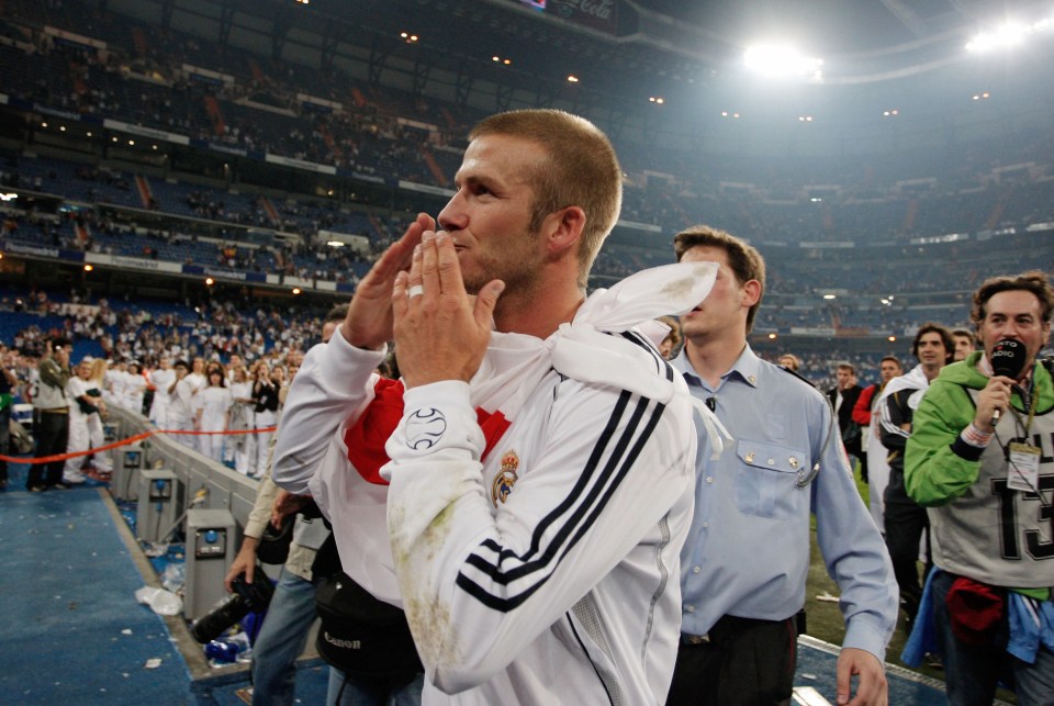 MADRID, SPAIN - JUNE 17: David Beckham of Real Madrid celebrates after Real won the Primera Liga after the Primera Liga match between Real Madrid and Mallorca at the Santiago Bernabeu stadium on June 17, 2007 in Madrid, Spain. (Photo by Denis Doyle/Getty Images)