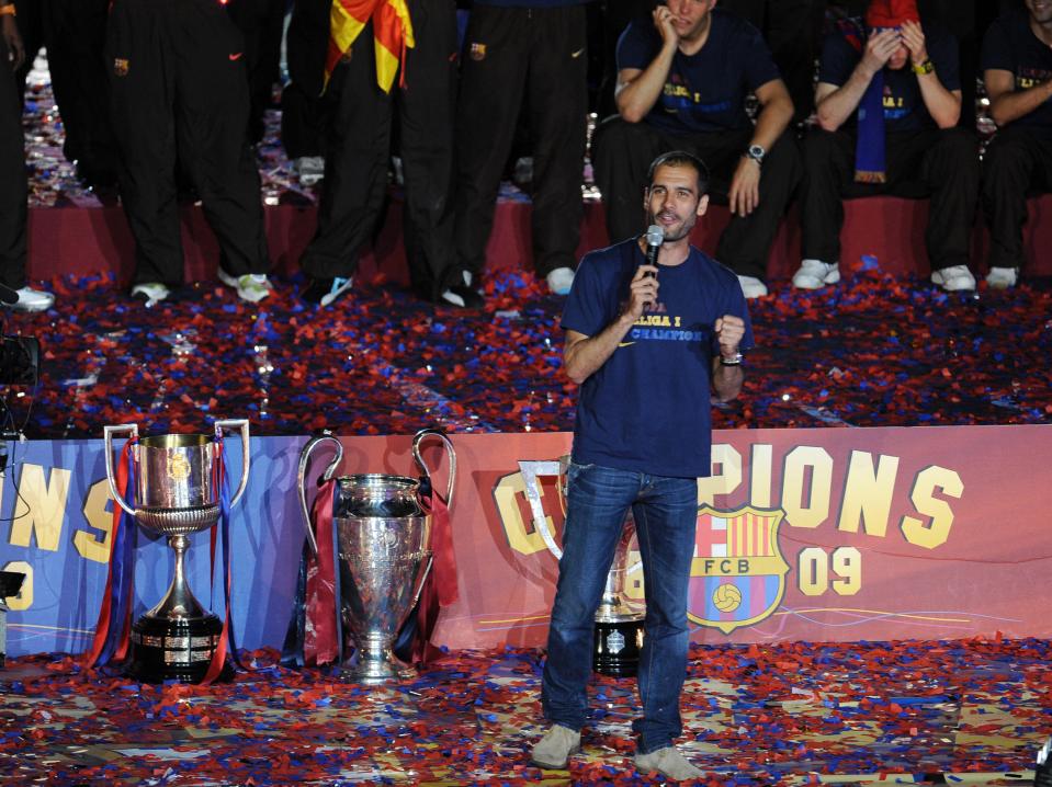 FC Barcelona's head coach Pep Guardiola gives a speech during celebrations of Barcelona's victory in UEFA Champions League final in Rome against Manchester United, at Camp Nou stadium in Barcelona on May 28, 2009. Barcelona won 2-0. AFP PHOTO / JAVIER SORIANO (Photo credit should read JAVIER SORIANO/AFP/Getty Images)