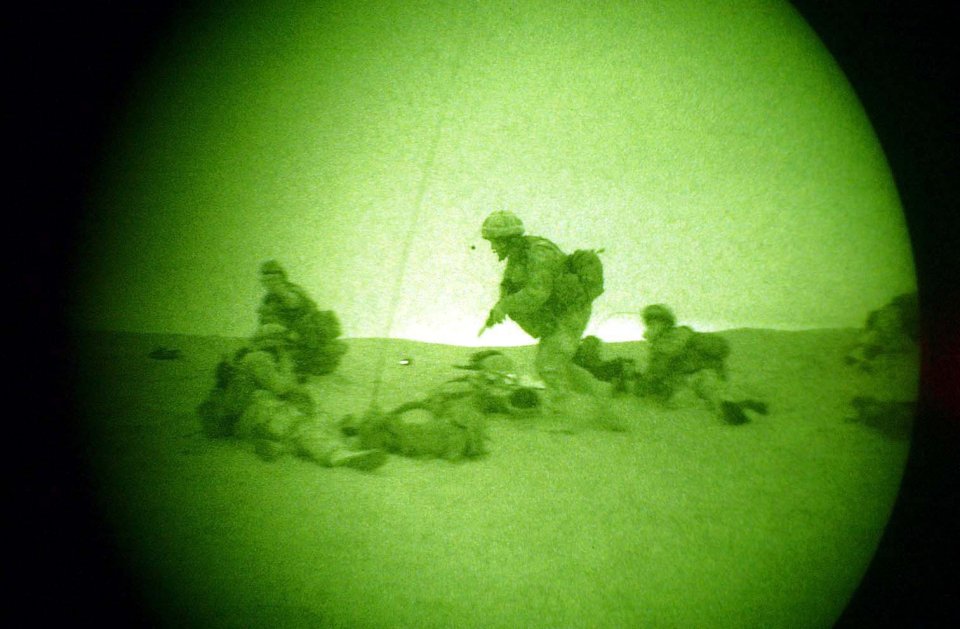  Army kit...The solider night-vision goggles during the exercise drills at the Otterburn training centre in Northumberland