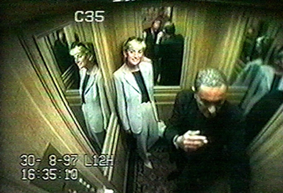 CCTV footage showing Diana, Princess of Wales with Dodi Fayed inside the lift at the Ritz Hotel, shortly before the tragic crash