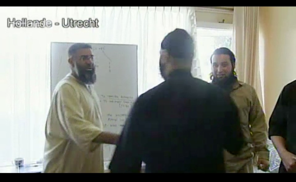  The Sun has obtained a video from 2012 of British hate preacher Anjem Choudary (left) meeting with I.S terror chief  Hicham Chaib (right)