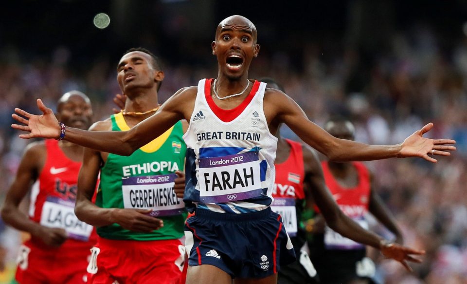 Mo Farah clinches trhe 5,000m title four years ago with this memorable smile