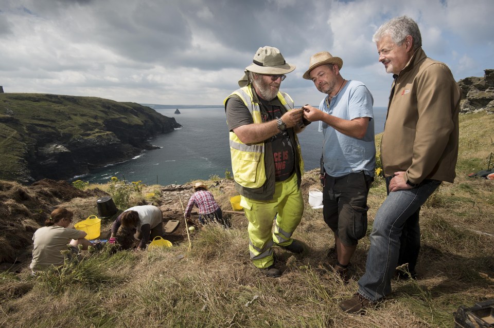 Ryan Smith (Trench Supervisor), James Gossip (Exec Director) and Win Scutt (Properties Curator) on the site of the dig