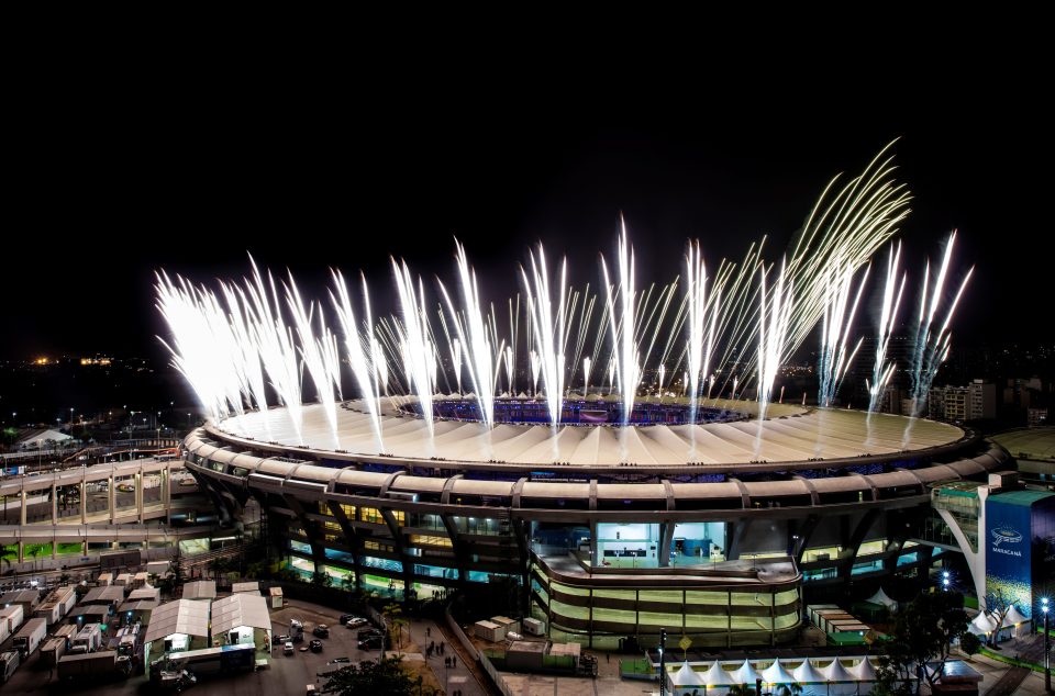 Fireworks explode above the Maracana stadium during the rehearsal of the opening ceremon