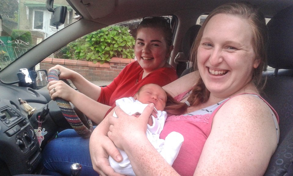 Vicki Davis, 27, with her newborn baby, Dean, who was born on a roundabout while his mum's best friend Amanda Bray (left) was driving them to the hospital