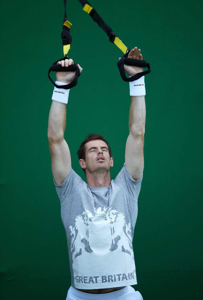 Murray worked up a sweat as he trained on the court