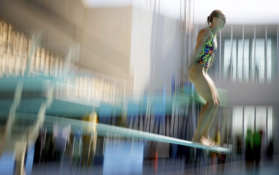  So far so good...Nadezhda Bazhina is about to attempt her 3m springboard dive