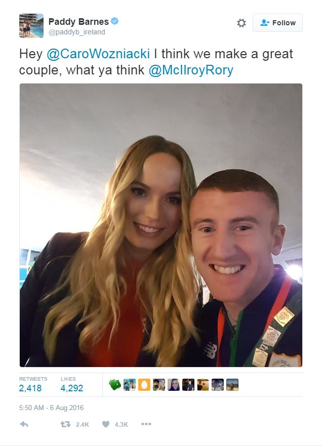 Paddy Barnes sent the cheeky tweet from Rio, where him and tennis star Wozniacki are competing