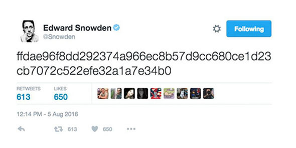 The 64 character tweet could be the code to unlock a secret file or even a 'dead man's switch'