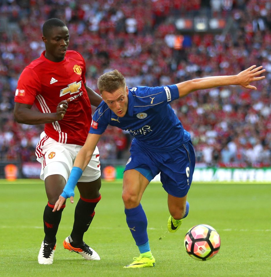 Jamie Vardy battles Eric Bailly during a close encounter Community Shield at Wembley