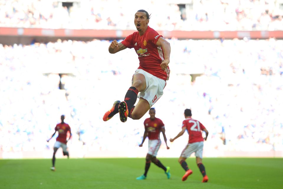 TOPSHOT - Manchester United's Swedish striker Zlatan Ibrahimovic celebrates scoring their second goal during the FA Community Shield football match between Manchester United and Leicester City at Wembley Stadium in London on August 7, 2016. / AFP PHOTO / GLYN KIRK / NOT FOR MARKETING OR ADVERTISING USE / RESTRICTED TO EDITORIAL USEGLYN KIRK/AFP/Getty Images