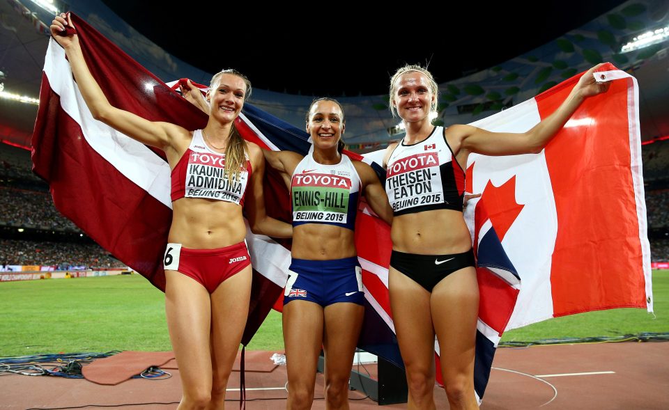 Bronze winner Laura Ikauniece-Admidina and silver medalist Brianne Theisen-Eaton sandwich world champion Jessica Ennis-Hill