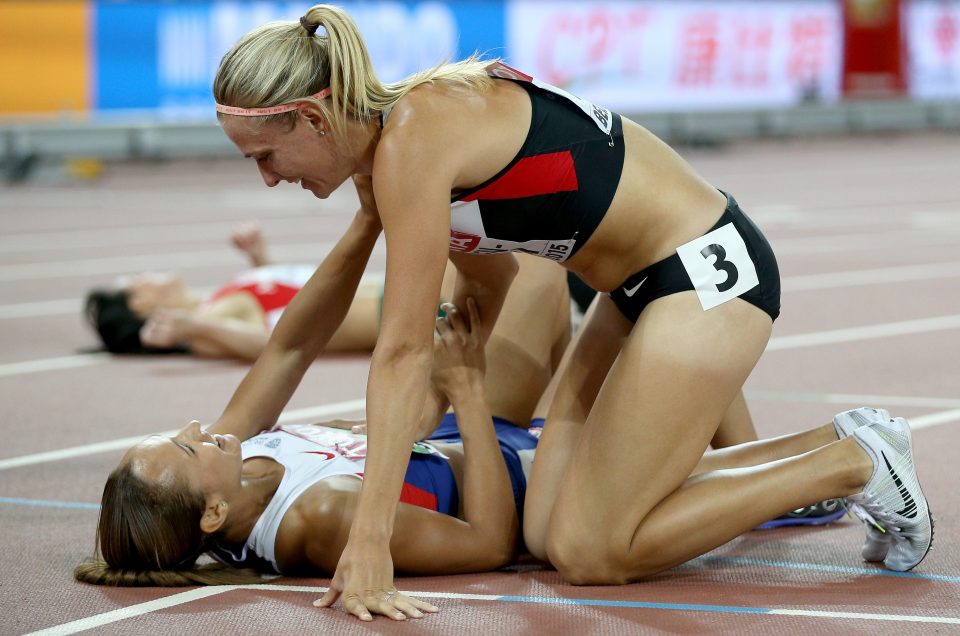 Jessica Ennis-Hill is congratulated by Brianne Theisen Eaton after winning the world championships last year