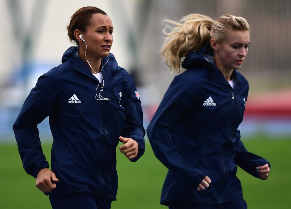 Ennis-Hill warms up with team-mate Louisa Bloor at the Olympic Stadium on Wednesday