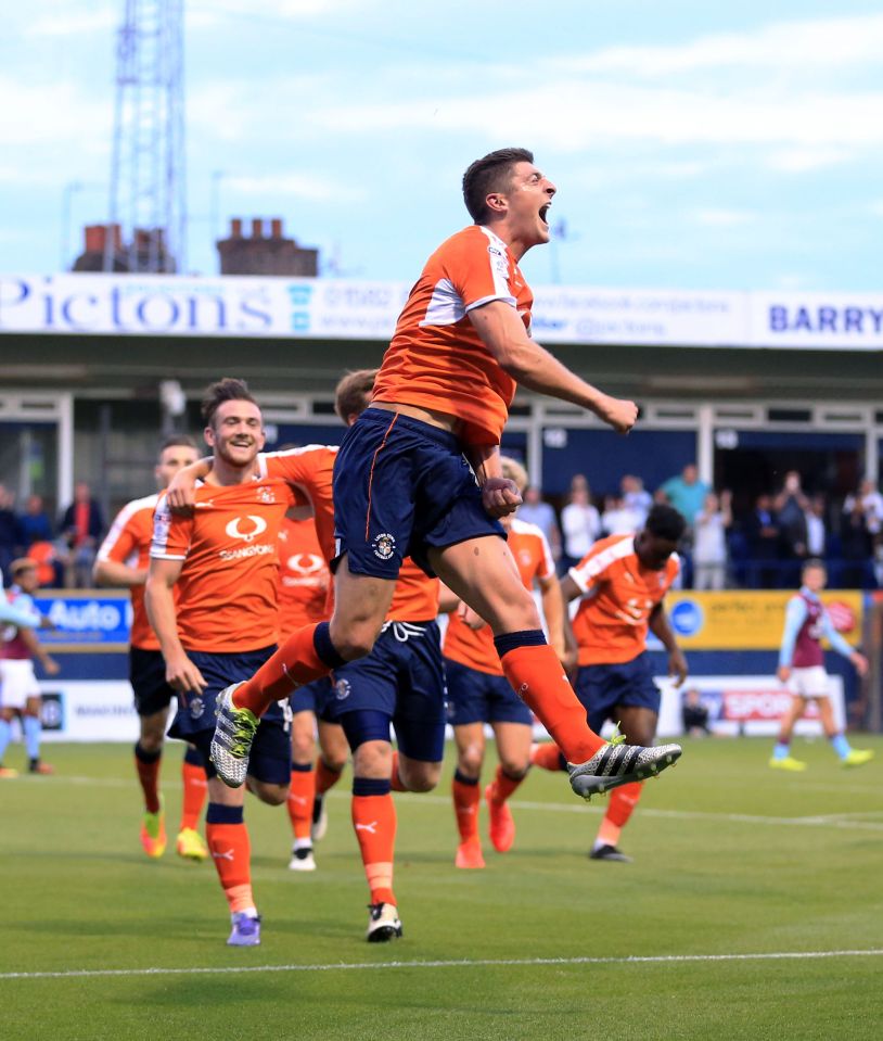  uton Town's Jake Gray celebrates scoring his side's first goal of the game against Villa