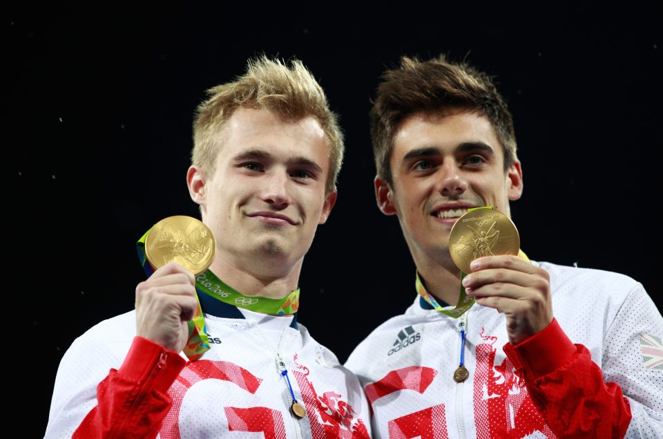 Gold medalists Jack Laugher and Chris Mears of Great Britain pose during the medal ceremony for the Men's Diving Synchronised 3m Springboard Final