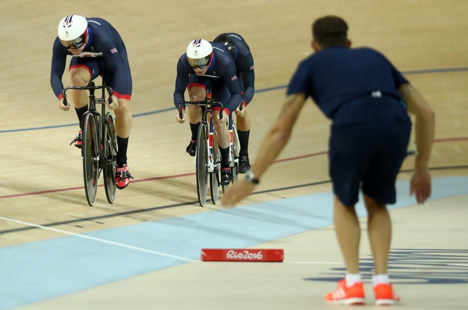 Great Britain's men gun for the gold in the team sprint at the Olympic Velodrome