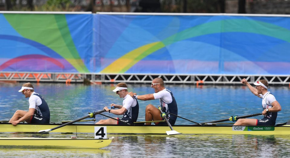  In action ... Team GB's men race to cross the finish line