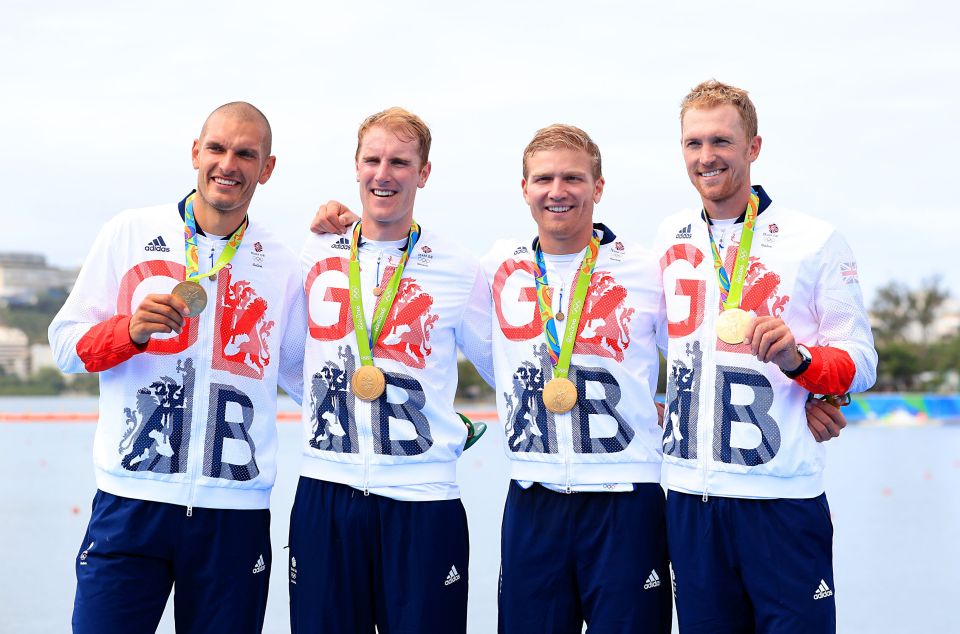  Mohamed Sbihi, George Nash, Alex Gregory and Constantine Louloudis celebrating winning the gold medal in the Men's Four Final