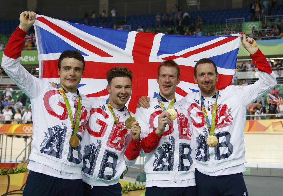  Steven Burke, Owain Doull, Ed Clancy and Bradley Wiggins celebrate cycling medal