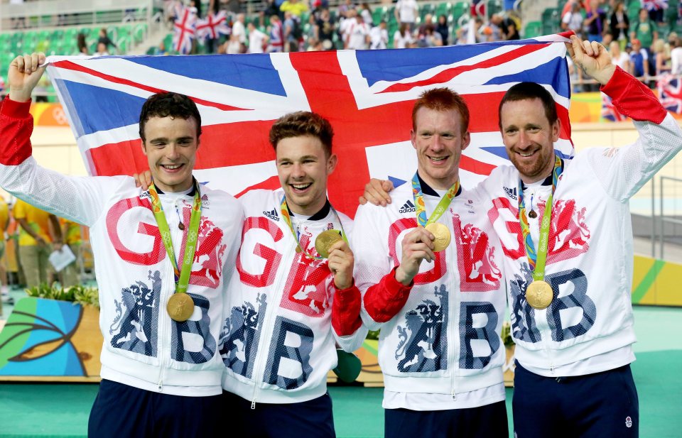  Brits celebrate their triumph in the velodrome