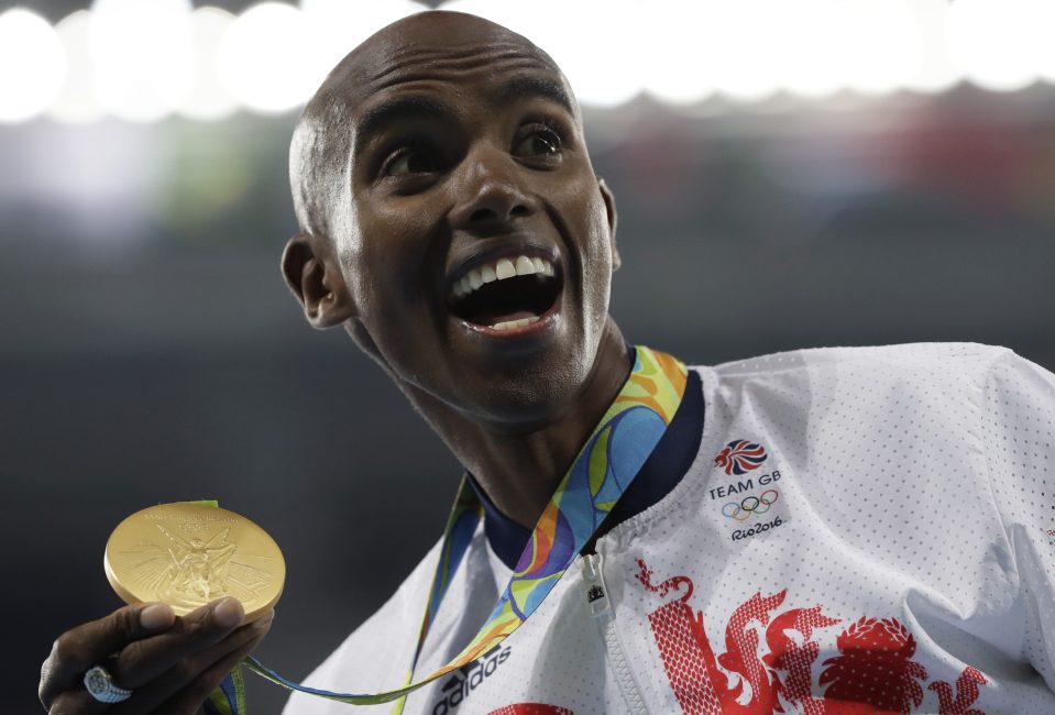 Farah celebrates the first half of what he hopes will be arguably the greatest achievement by a British track athlete